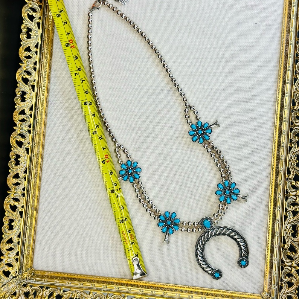 Carolyn Pollack 925 Sterling Silver West Turquoise Squash Blossom Necklace - Picture 2 of 8